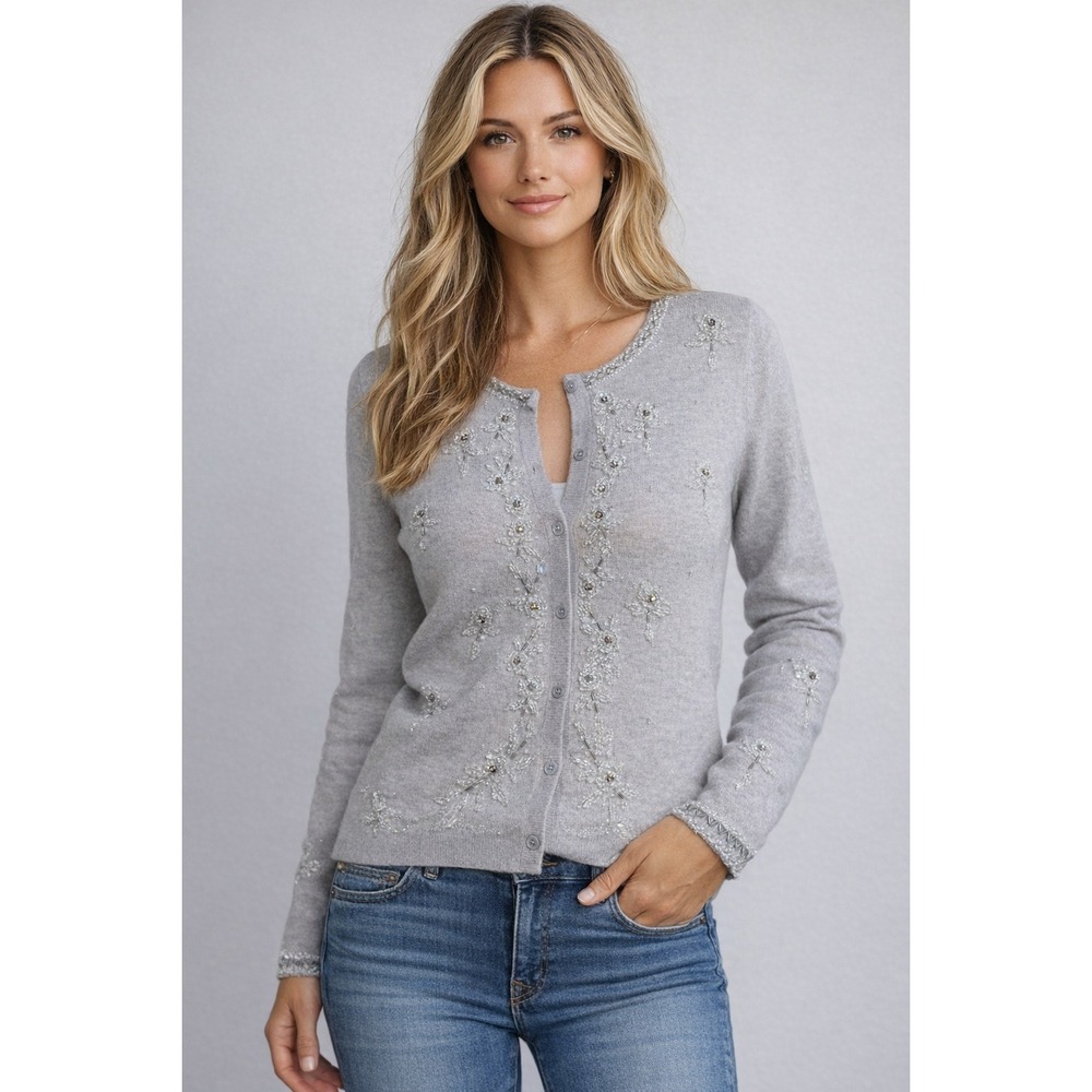 Doncaster Womens Gray‎ 100% Wool Beaded Floral Sequin Cardigan Sweater Size M